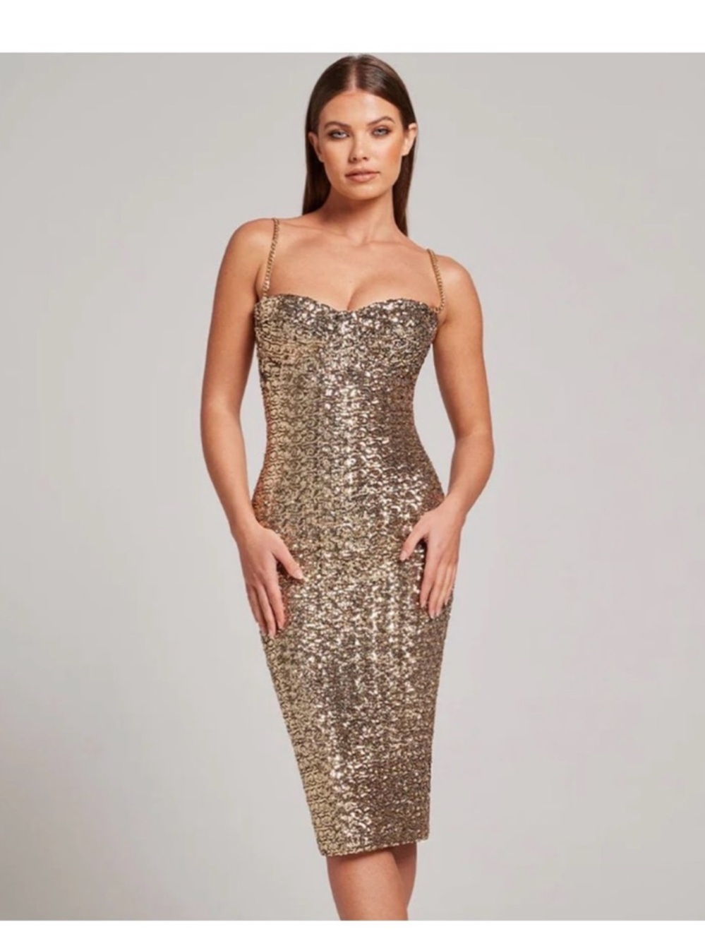 NADINE MERABI Gold Sequin Nina Strapless Midi Dress NWT